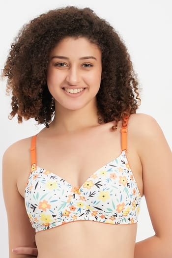 Clovia Padded Non-Wired Full Cup Floral Print Multiway T-shirt Bra in White