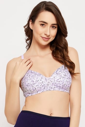 Clovia Padded Non-Wired Full Cup Floral Print T-shirt Bra in Lilac