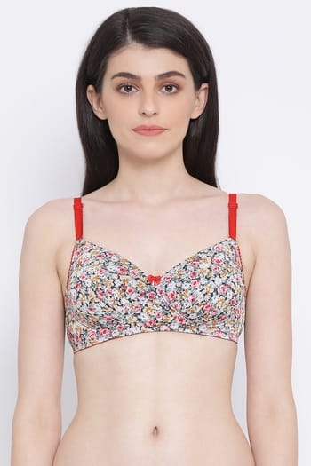 Clovia Padded Non-Wired Full Cup Floral Print T-shirt Bra in Multicolour With Matching PN5101X19