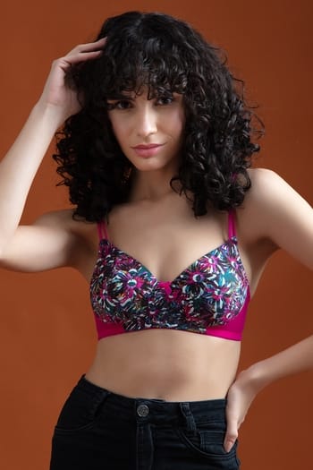 Clovia Padded Non-Wired Full Cup Floral Print T-shirt Bra in Multicolour