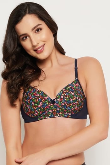Clovia Padded Non-Wired Full Cup Floral Print T-shirt Bra in Navy