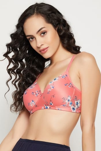 Clovia Padded Non-Wired Full Cup Floral Print T-shirt Bra in Salmon Pink - Cotton