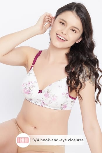 Clovia Padded Non-Wired Full Cup Floral Print T-shirt Bra in White