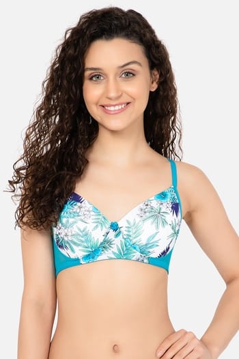 Clovia Padded Non-Wired Full Cup Floral Print T-shirt Bra in White