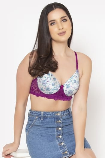 Clovia Padded Non-Wired Full Cup Floral Print T-shirt Bra in White - Lace