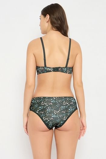 Back listing image for Padded Non-Wired Full Cup Floral Print T-shirt Bra & Mid-Waist Hipster Panty in Olive Green