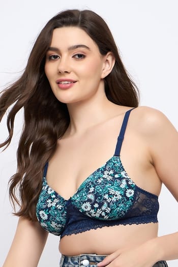 Clovia Padded Non-Wired Full Coverage Floral Print T-shirt Bra in Navy
