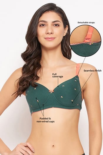 Clovia Padded Non-Wired Full Cup Fruit Print Multiway T-shirt Bra in Emerald Green - Cotton