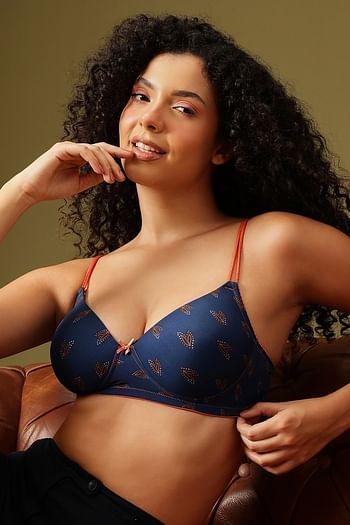 Front listing image for Padded Non-Wired Full Coverage Leaf Print T-shirt Bra in Navy Colour