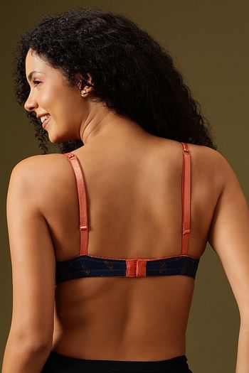 Back listing image for Padded Non-Wired Full Coverage Leaf Print T-shirt Bra in Navy Colour