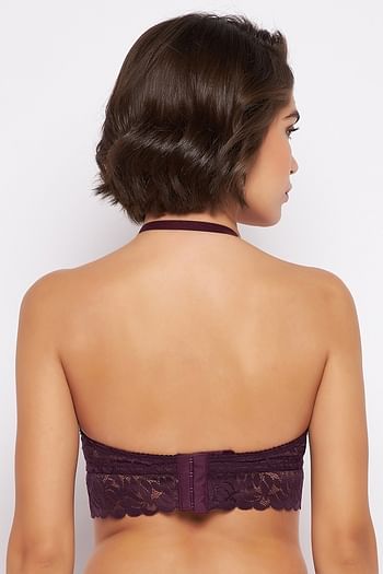 Back listing image for Padded Non-Wired Full Cup Halter Neck Longline Bralette in Plum Colour - Lace	