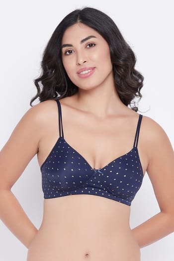 Clovia Padded Non-Wired Full Cup Heart Print T-shirt Bra in Navy