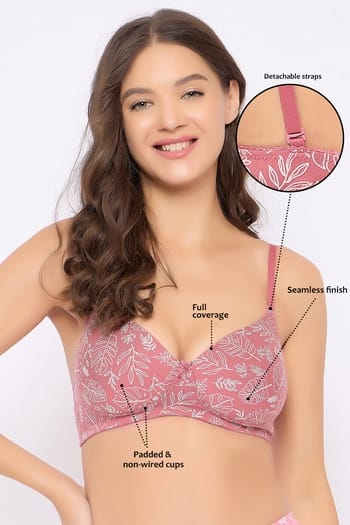 Clovia Padded Non-Wired Full Coverage Leaf Print Multiway T-shirt Bra in Baby Pink