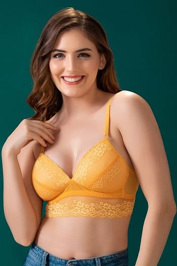 Front listing image for Padded Non-Wired Full-Cup Longline Bralette in Yellow - Lace	