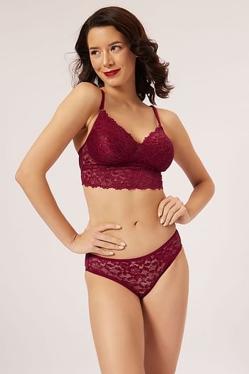 Front listing image for Padded Non-Wired Full Cup Longline Bralette & Low Waist Bikini Panty in Maroon - Lace
