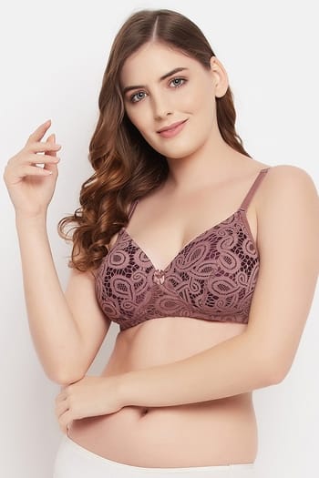 Clovia Padded Non-Wired Full Cup Multiway Bra in Mauve - Lace