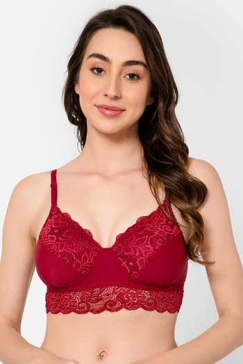 Clovia Padded Non-Wired Full Cup Multiway Longline Bralette in Maroon - Lace