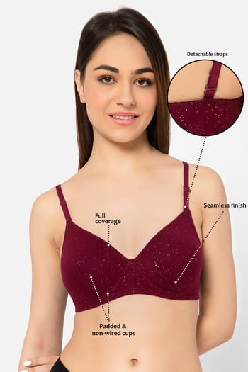 Clovia Padded Non-Wired Full Cup Multiway T-shirt Bra in Maroon - Cotton