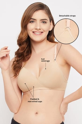 Clovia Padded Non-Wired Full Coverage Multiway T-shirt Bra in Nude - Cotton
