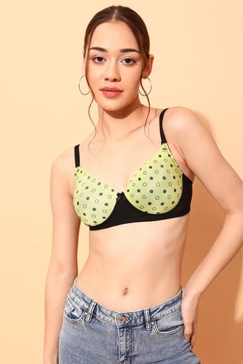 Clovia Padded Non-Wired Full Cup Polka Dot Print Multiway T-shirt Bra in Lime Green