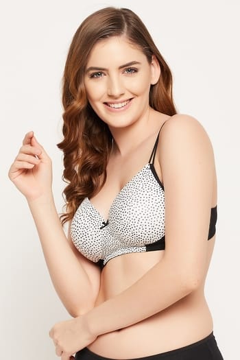Clovia Padded Non-Wired Full Cup Polka Dot Print T-shirt Bra in White