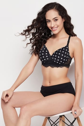 Clovia Padded Non-Wired Full Cup Polka Print Multiway T-shirt Bra in Black