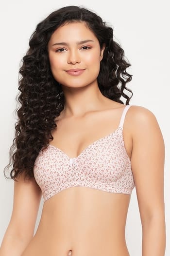 Clovia Padded Non-Wired Full Cup Printed Multiway T-shirt Bra in Baby Pink - Cotton