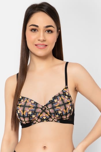 Clovia Padded Non-Wired Full Cup Printed Multiway T-shirt Bra in Black