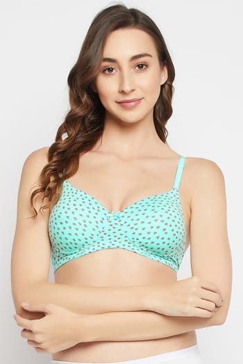 Clovia Padded Non-Wired Full Cup Printed Multiway T-shirt Bra in Aqua Blue - Cotton