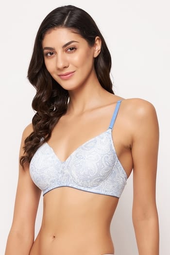 Clovia Padded Non-Wired Full Cup Printed Multiway T-shirt Bra in Light Blue