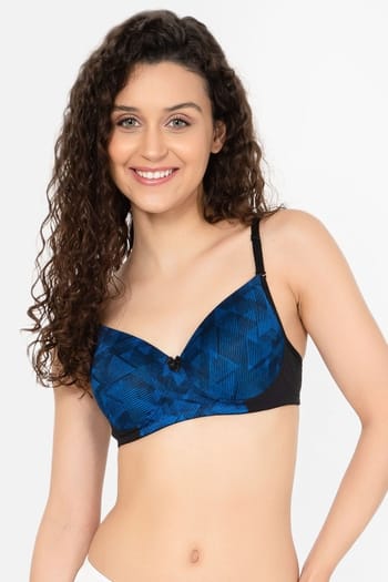 Clovia Padded Non-Wired Full Cup Printed Multiway T-shirt Bra in Royal Blue
