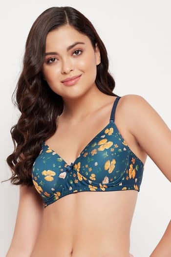 Clovia Padded Non-Wired Full Cup Floral Print Multiway T-shirt Bra in Teal Blue