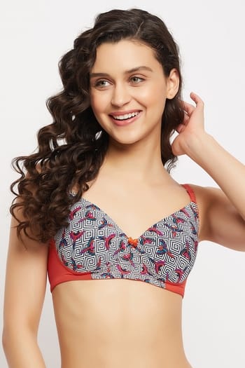 Clovia Padded Non-Wired Full Cup Bird Print Multiway T-shirt Bra in Multicolour