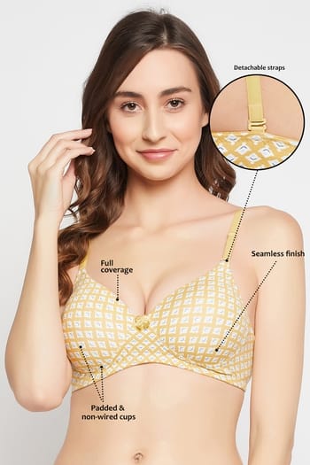 Clovia Padded Non-Wired Full Cup Printed Multiway T-shirt Bra in Yellow - Cotton