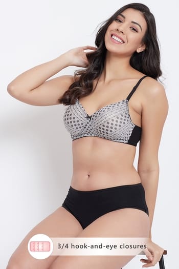 Clovia Padded Non-Wired Full Coverage Geometric Print T-shirt Bra in Black