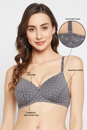 Clovia Padded Non-Wired Full Cup Printed Multiway T-shirt Bra in Dark Grey - Cotton