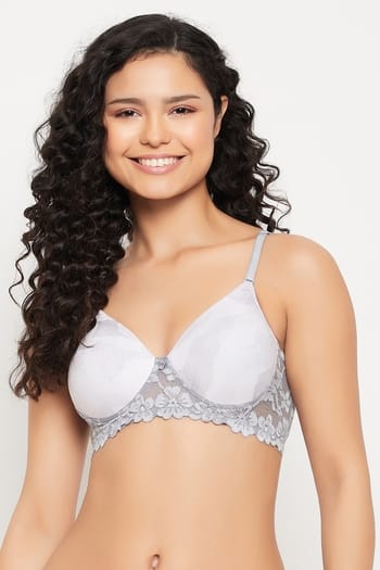 Clovia Padded Non-Wired Full Cup Printed T-shirt Bra in Light Grey