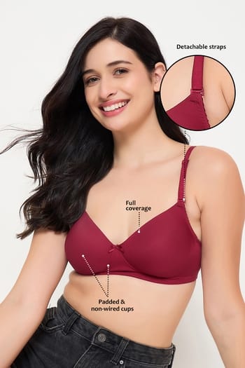 Clovia Padded Non-Wired Full Coverage Self Striped Multiway T-shirt Bra in Maroon