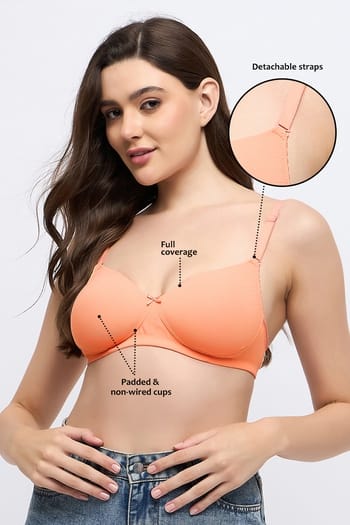 Clovia Padded Non-Wired Full Coverage Self Striped Multiway T-shirt Bra in Peach