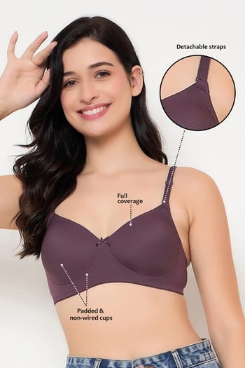 Clovia Padded Non-Wired Full Coverage Self Striped Multiway T-shirt Bra in Wine Colour