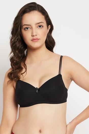 Clovia Padded Non-Wired Full Cup Self-Striped T-shirt Bra in Black