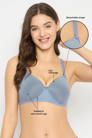 Clovia Padded Non-Wired Full Coverage Self Striped Multiway T-shirt Bra in Teal Blue