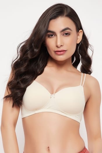 Clovia Padded Non-Wired Full Cup Self-Striped T-shirt Bra in Off-White