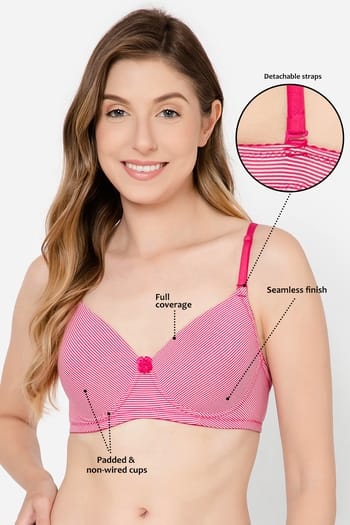 Clovia Padded Non-Wired Full Cup Striped Multiway T-shirt Bra in Magenta - Cotton
