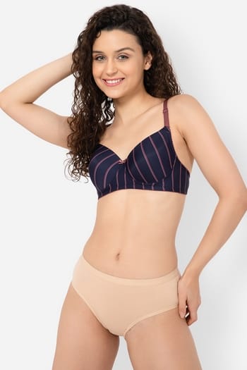 Clovia Padded Non-Wired Full Cup Striped Multiway T-shirt Bra in Navy