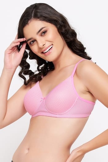 Clovia Padded Non-Wired Full Cup Striped T-shirt Bra in Light Pink - Cotton Rich