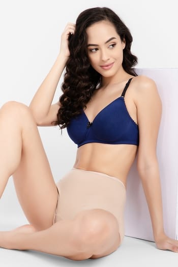 Clovia Padded Non-Wired Full Cup T-shirt Bra in Dark Blue - Cotton