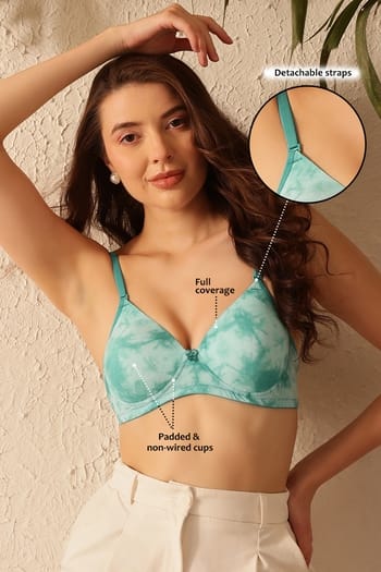 Clovia Padded Non-Wired Full Cup Tie-Dye Print Multiway T-shirt Bra in Blue