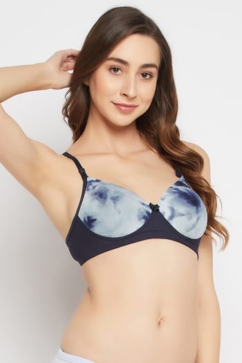 Clovia Padded Non-Wired Full Cup Tie-Dye Print Multiway T-shirt Bra in Navy