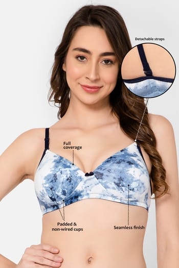Clovia Padded Non-Wired Full Cup Tie-Dye Print Multiway T-shirt Bra in Navy - Cotton